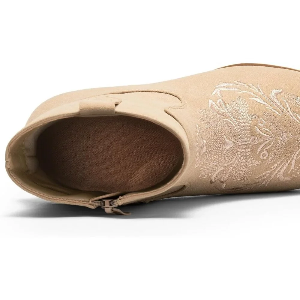 Women's Tan Classic Ankle Boots Low Block Heels Suede Chunky Fashion Booties - Picture 8 of 9